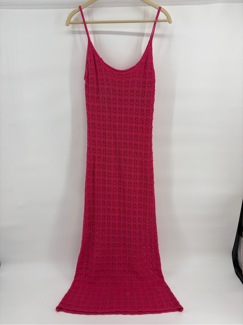 Lush Women’s Small Hot Pink Crochet Knit Maxi Dress Lined Spaghetti Strap Boho